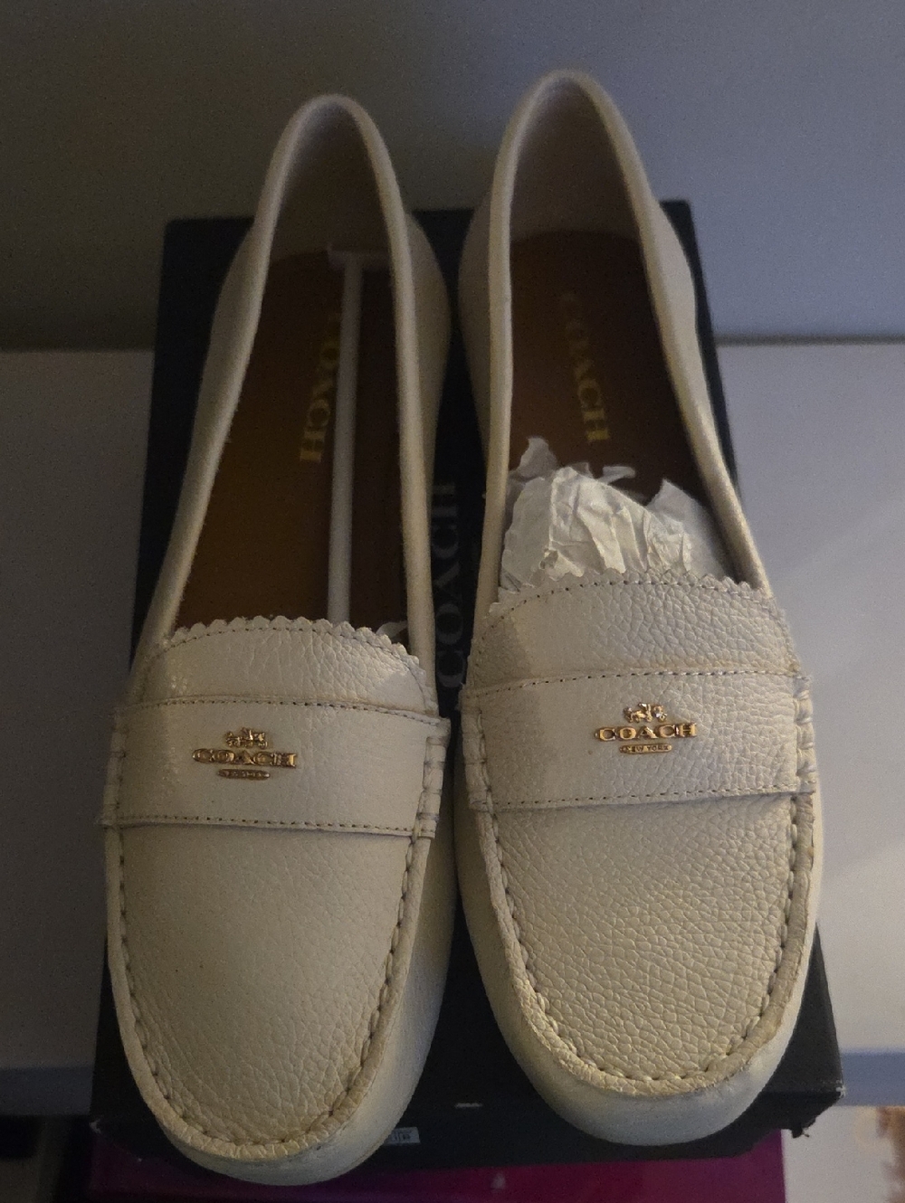 COACH Cream Leather Penny Loafers with Gold Logo
